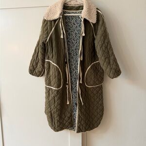 THE GREAT. Olive Quilted Teddy Jacket with Cream Details